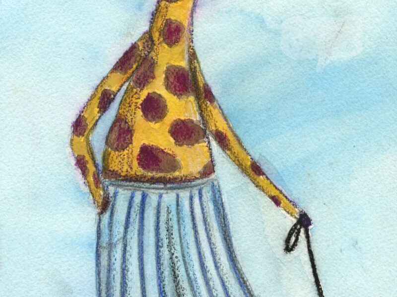 Giraffe walks dog in pants