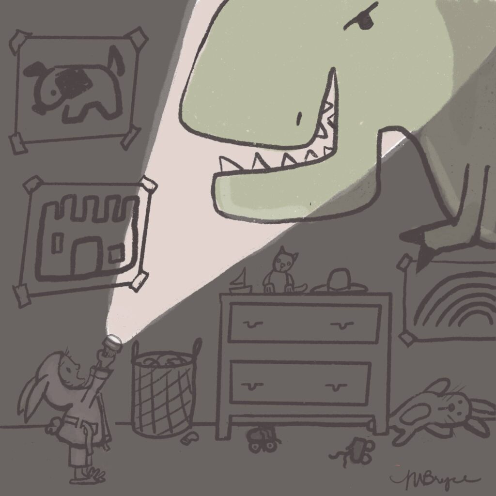 girl reveals a dino in her room with a flashlight