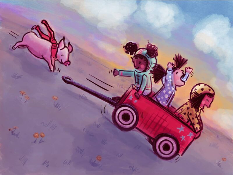 Three girls riding in a wagon down a hill followed by a pig