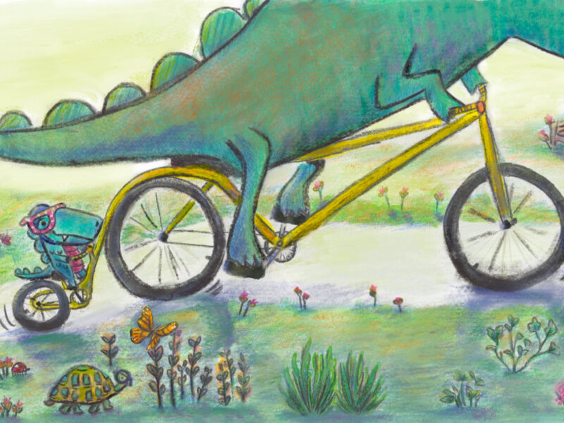 Two dinosaurs riding a tandem bike in a park surrounded by bunny, a turtle, and a monarch.