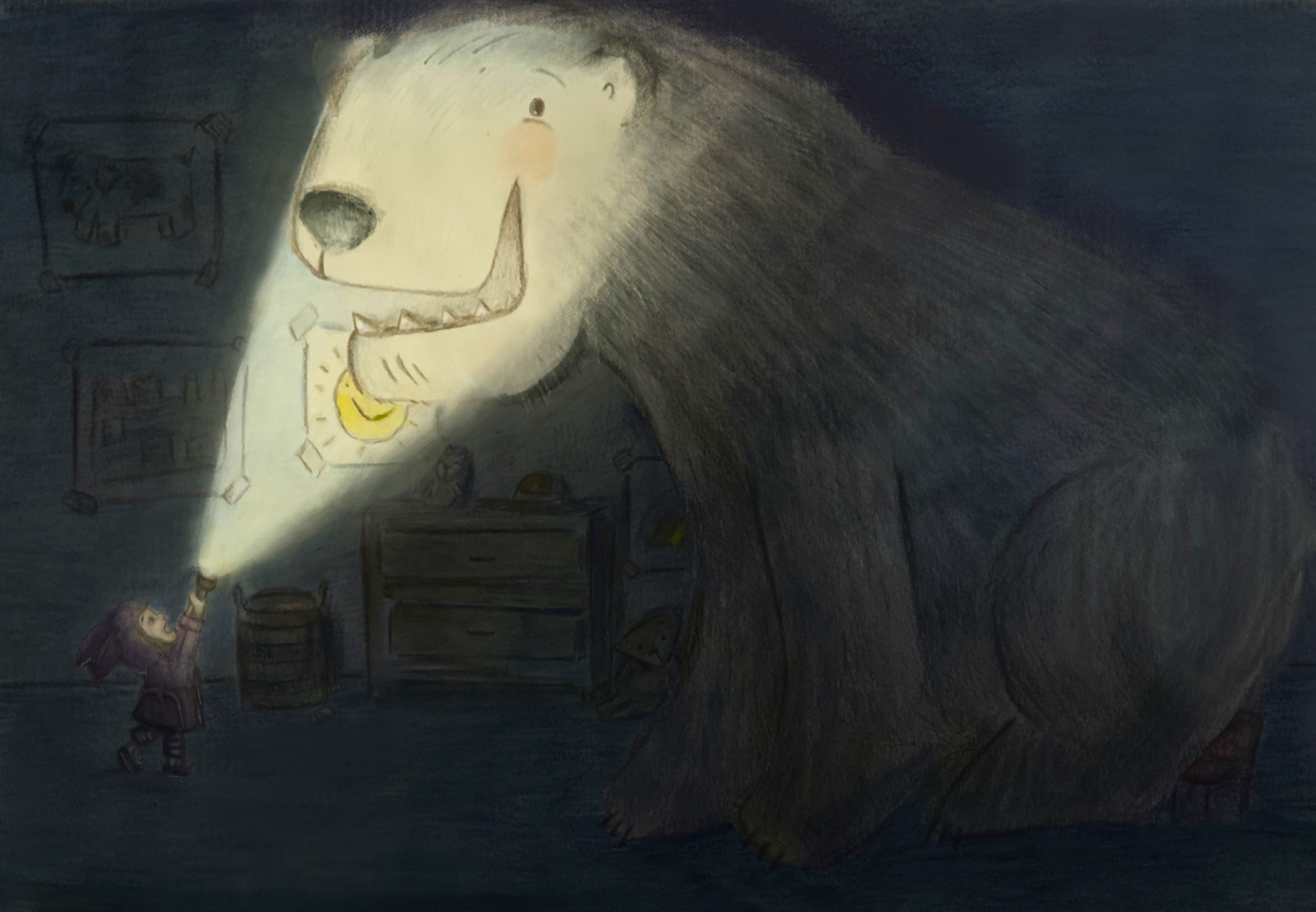 Flashlight reveals a big bear in the child's room